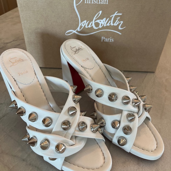Christian Louboutin Shoes - Christian Louboutin White Leather Spika Club 85 Mules, Size 39.5
